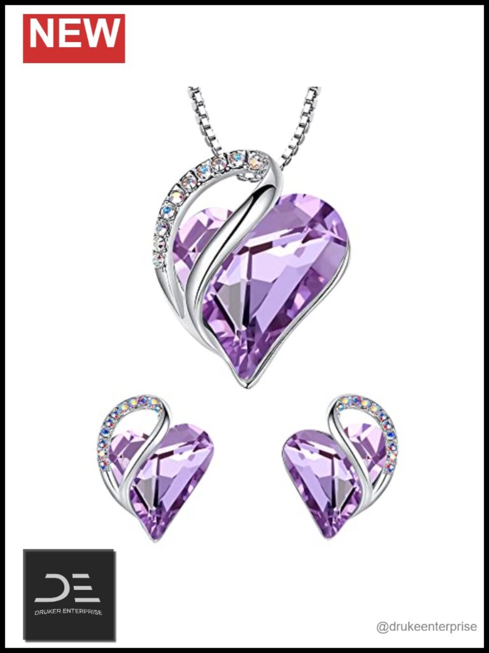 Silver Plated Heart Necklace Stud Earrings Set Crystal Jewelry Gift